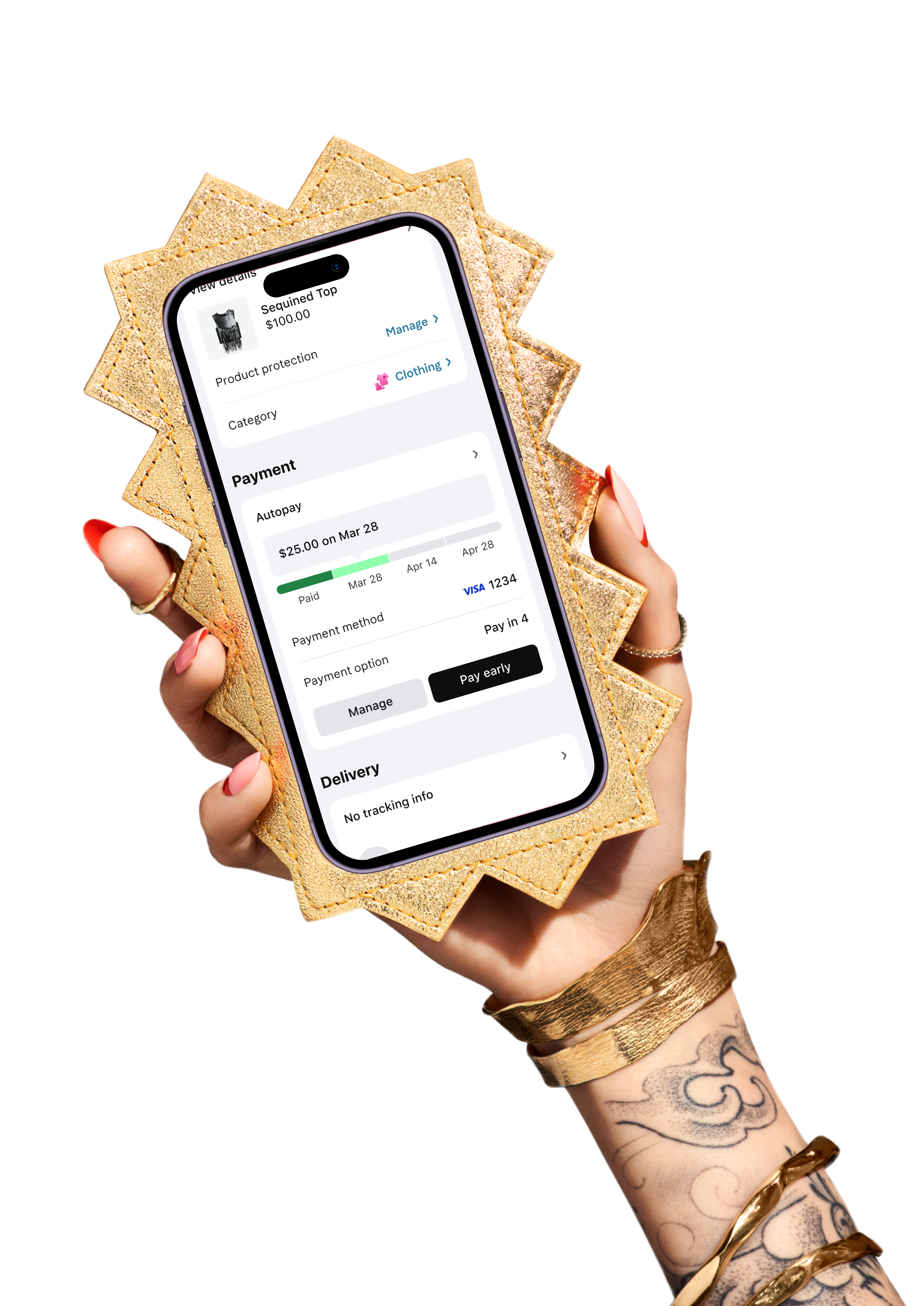 Hand holding a phone showing Klarna payment details for a sequined top